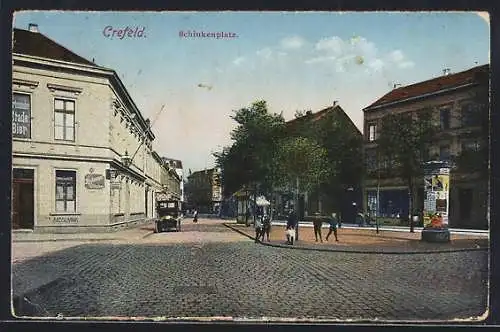 AK Crefeld, Schinkenplatz mit Gasthaus u. Litfasssäule, Panorama