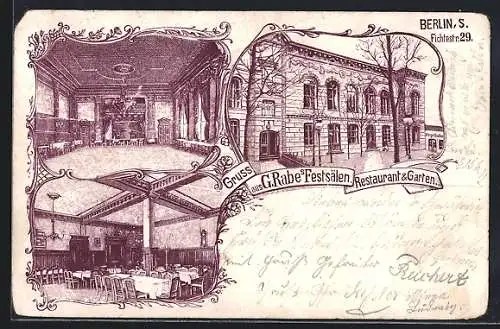 Lithographie Berlin-Kreuzberg, Rabe`s-Festsäle, Restaurant & Garten, Fichtestrasse 29