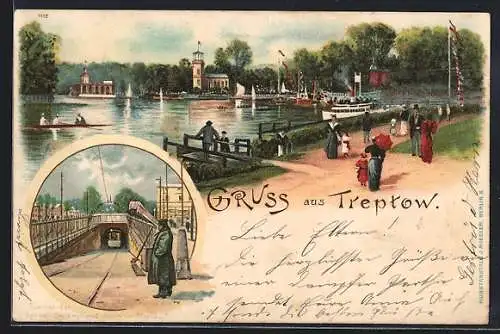Lithographie Berlin-Treptow, Ansicht am Paradiesgarten, Tunnel der Spree-Untergrund-Bahn