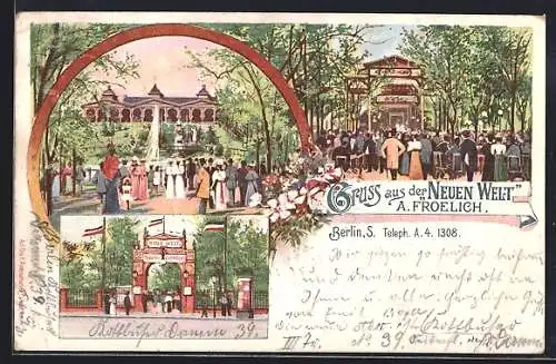 Lithographie Berlin-Neukölln, Gasthaus Neue Welt A. Froelich