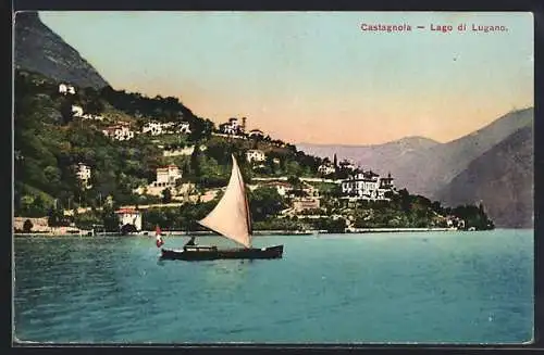 AK Castagnola, Ortsansicht mit See und Segelboot