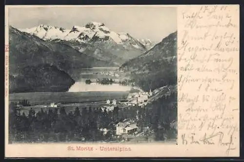 AK St. Moritz-Unteralpina, Totalansicht gegen die Berge