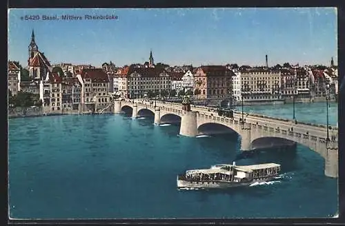 AK Basel, Ortsansicht über die Mittlere Rheinbrücke