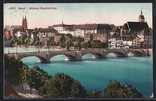 AK Basel, Teilansicht über die Mittlere Rheinbrücke