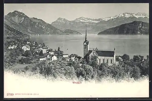 AK Weggis, Ortsansicht mit der Kirche gegen den Bergsee