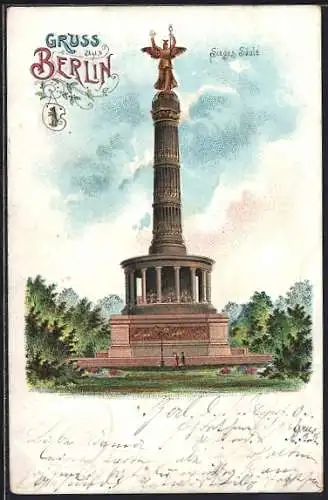 Lithographie Berlin, Vorderansicht der Siegessäule