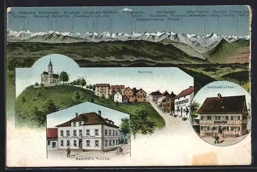 AK Bodnegg, Gasthof z. Traube, Gasthaus z. Engel, Strassenpartie mit Ortspanorama u. Kirche, Alpenpanorama