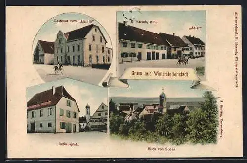 AK Winterstettenstadt, Gasthaus z. Lamm, Rathausplatz, Strassenpartie mit Gasthaus Adler u. Geschäft Harsch, Totalansicht