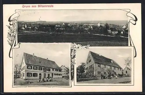 AK Blitzenreute, Geschäftshäuser mit Versammlungen, Ortspanorama von einem Acker aus
