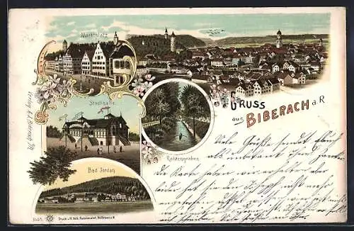 Lithographie Biberach a. R., Stadthalle, Marktplatz, Ratzengraben, Bad Jordan, Totalansicht mit Türmen