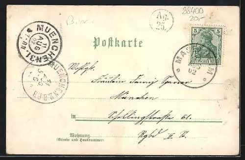Lithographie Biberach a. R., Stadthalle, Marktplatz, Ratzengraben, Bad Jordan, Totalansicht mit Türmen