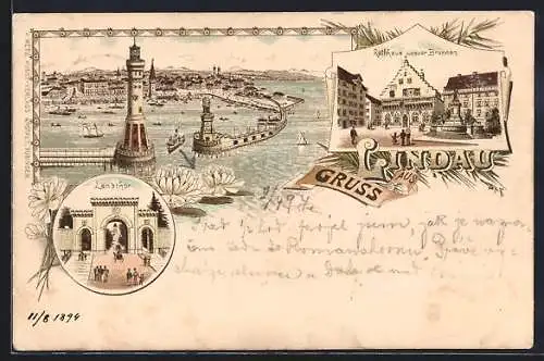 Lithographie Lindau / Bodensee, Landthor, Rathhaus u. neuer Brunnen, Hafen mit Schiffen