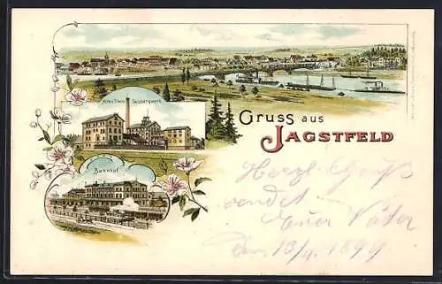 Lithographie Jagstfeld, Altes Stein-Salzbergwerk, Bahnhof, Panorama