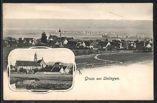AK Unlingen, Panorama mit Kirche u. Gewässer, Gesamtansicht mit Landstrasse und Nachbarort