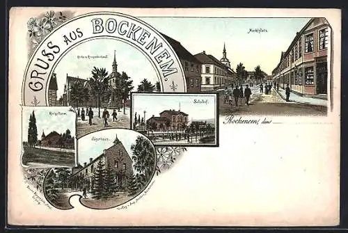 Lithographie Bockenem, Bahnhof, Marktplatz, Jägerhaus