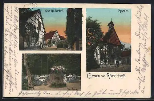 AK Röderhof / Hildesheim, Gut Röderhof, Garten mit Gästen, Kapelle