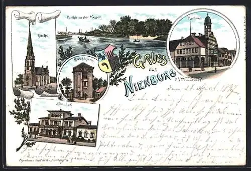 Lithographie Nienburg a. d. Weser, Kirche, Rathaus, Bahnhof, Stockthurm