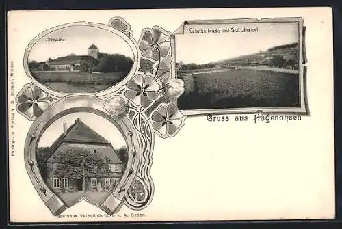 AK Hagenohsen, Totalansicht mit Valentinibrücke, Domaine, Gasthof zur Weserbrücke, Hufeisen und Kleeblätter