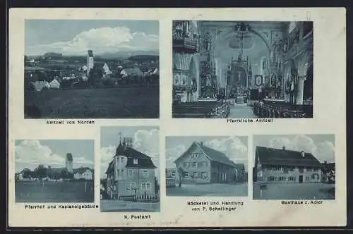 Mondschein-AK Amtzell, Gasthaus z. Adler, Bäckerei-Handlung Schellinger, Ortsansicht von Norden