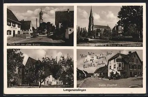 AK Langenenslingen, Strassenpartie m. alter Kirche, Strassenpartie Oberdorf mit Geschäftshaus, Rathaus
