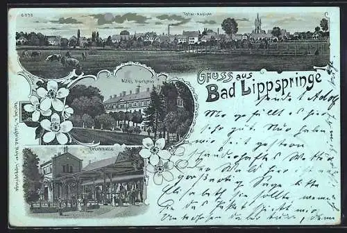 Mondschein-Lithographie Bad Lippspringe, Altes Kurhaus, Trinkhalle, Totalansicht mit Kühen, silberner Mond u. Dächer
