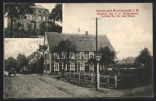 AK Herzebrock i. W. /Rheda, Gasthof Heinermann mit Strasse u. Fuhrwerk, Villa