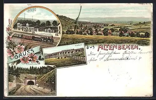 Lithographie Altenbeken, Bahnhof von der Gleisseite, Viaduct, Tunnel-Portal