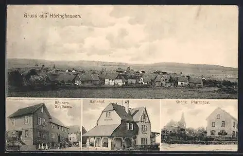 AK Höringhausen / Kassel, Rösners Gasthaus, Bahnhof, Kirche u. Pfarrhaus, Gesamtansicht