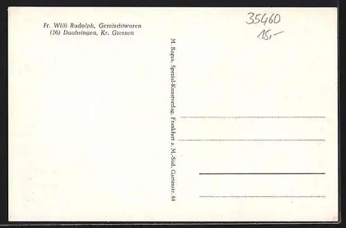 AK Daubringen /Giessen, Geschäftshaus Fr. Willi Rudolph, Gesamtansicht mit Feldern
