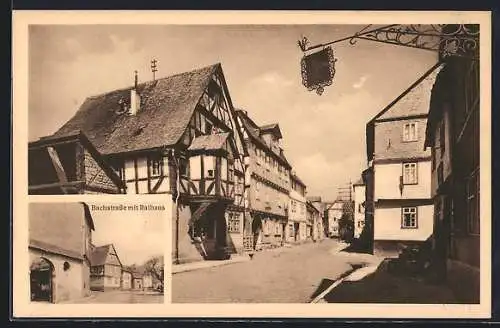 AK Leun /Wetzlar, Hauptstrasse mit histor. Fachwerkbauten, Bachstrasse mit Rathaus