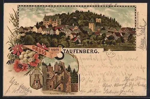 Lithographie Staufenberg / Lahn, Teilansicht, Aussichtsturm in der Ruine