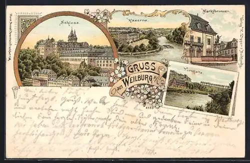 Lithographie Weilburg, Schloss, Kaserne, Marktbrunnen, Turnhalle