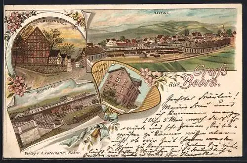 Lithographie Bebra, Hotel Schlüter, Bahnhof, Ortspartie