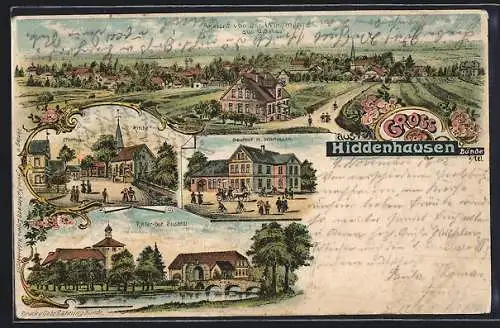 Lithographie Hiddenhausen, Gasthof H. Wortmann, Pfarrhaus & Kirche, Ritter-Gut Sustedt, Totalansicht
