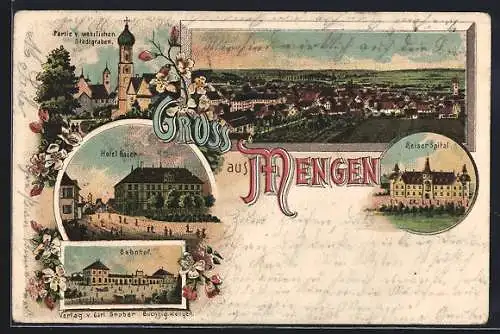 Lithographie Mengen / Württ., Hotel Baier, Bahnhof, Reiser Spital