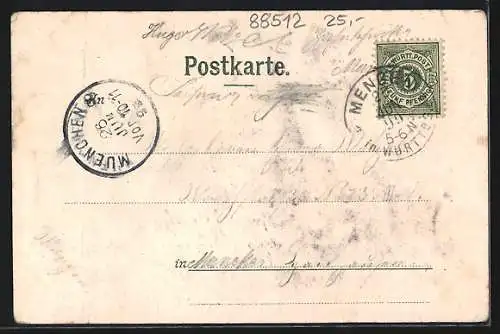 Lithographie Mengen / Württ., Hotel Baier, Bahnhof, Reiser Spital