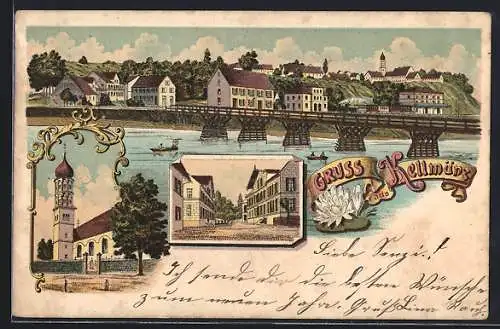 Lithographie Kellmünz, Ortspartie mit Brücke, Kirche und Strasse