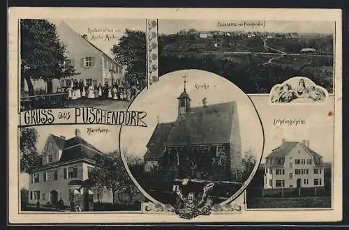 AK Puschendorf, Gasthaus, Panorama, Pfarrhaus, Kirche