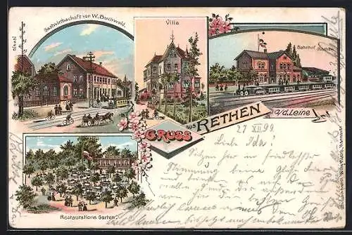 Lithographie Rethen a. d. Leine, Gasthof von W. Buchwald, Bahnhof, Villa