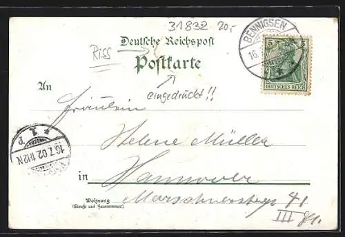 Lithographie Bennigsen, Hotel 'Zum blauen Engel' Bes.: H. Honsel, Saal, Garten