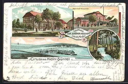 Lithographie Klein-Süntel, Gasthaus zur schönen Aussicht, Inh. H. Meder, Bahnhof Hasperde, Wasserfall