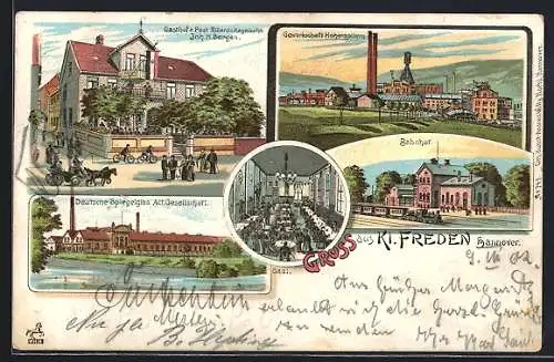 Lithographie Kl. Freden, Gasthof zur Post, Deutsche Spiegelglas Act. Gesellschaft, Gewerkschaft Hohenzollern
