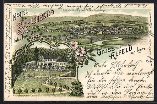 Lithographie Alfeld a. d. Leine, Hotel Schlehberg, Ortsansicht mit Siebenberge