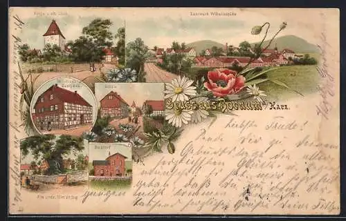 Lithographie Bornum a. Harz, W. Schlue`s Gasthaus, Bahnhof, Eisenwerk Wilhelmshütte, Kirche und alte Linde