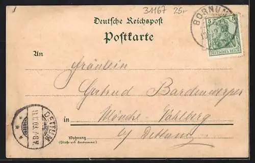 Lithographie Bornum a. Harz, W. Schlue`s Gasthaus, Bahnhof, Eisenwerk Wilhelmshütte, Kirche und alte Linde