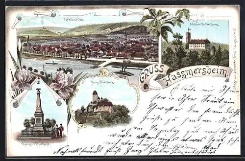Lithographie Hassmersheim, Totalansicht, Schloss Guttenberg, Kriegerdenkmal, Burg Hornberg