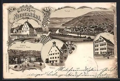 Lithographie Niedernhall, Fabrik v. Schaufler u. Wundt, Götzenhaus, Post