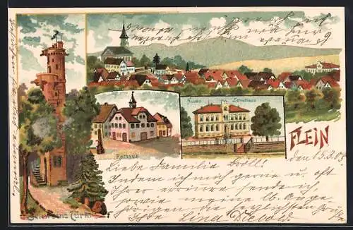 Lithographie Flein / Neckar, Rathaus, neues Schulhaus, Schweins Turm