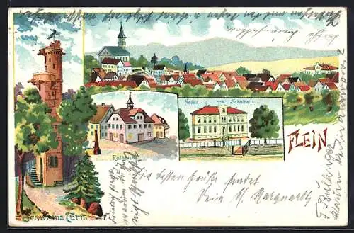 Lithographie Flein / Neckar, Rathaus, Schweins Turm und Ortsansicht