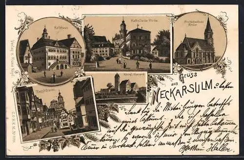 Lithographie Neckarsulm, Katholische Kirche, Rathaus, Hauptstrasse